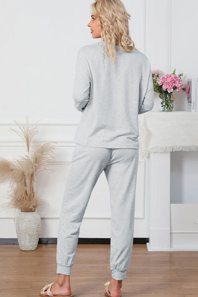 You + Me Round Neck Top and Drawstring Pants Lounge Set