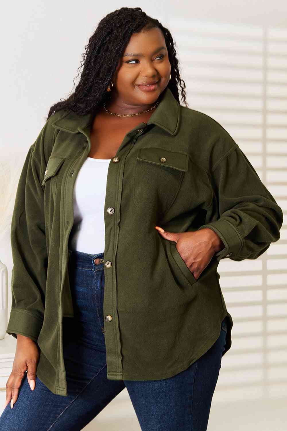 Heimish Cozy Girl Button Down Shacket in Army Green