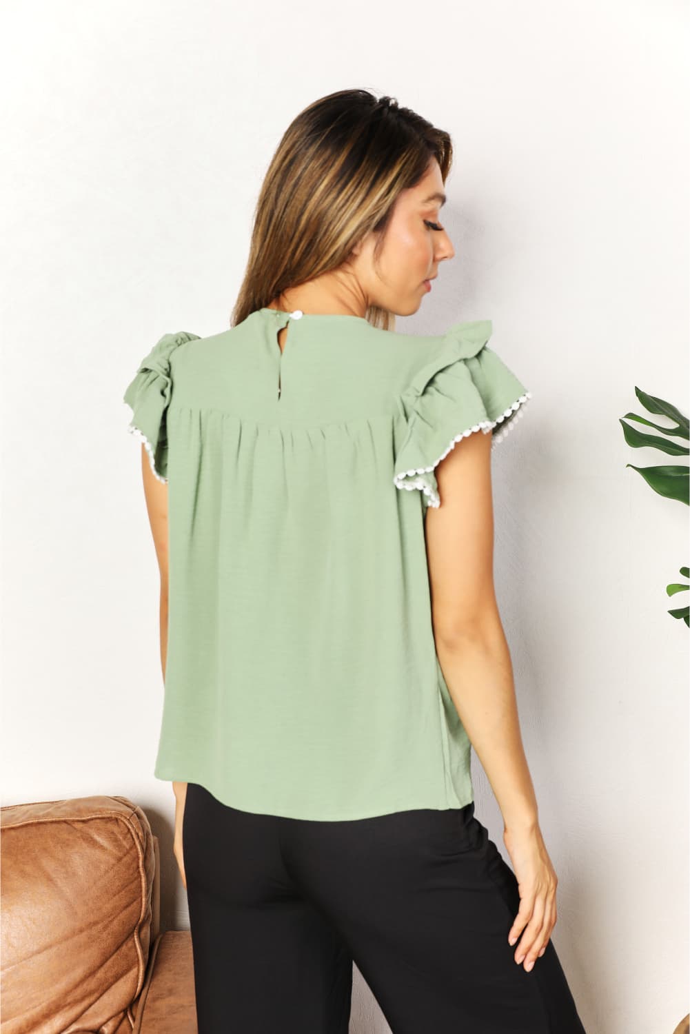 Double Take Green Light Pleated Detail Flutter Sleeve Blouse