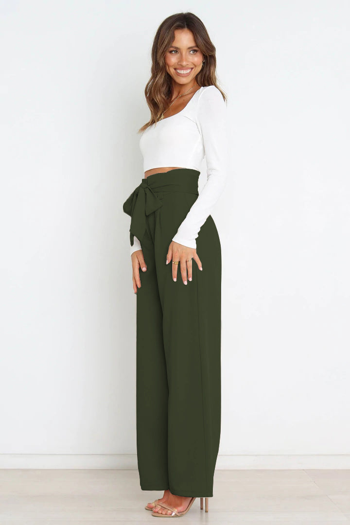 Office Chic Tie Front Wide Paperbag Waist Leg Pants