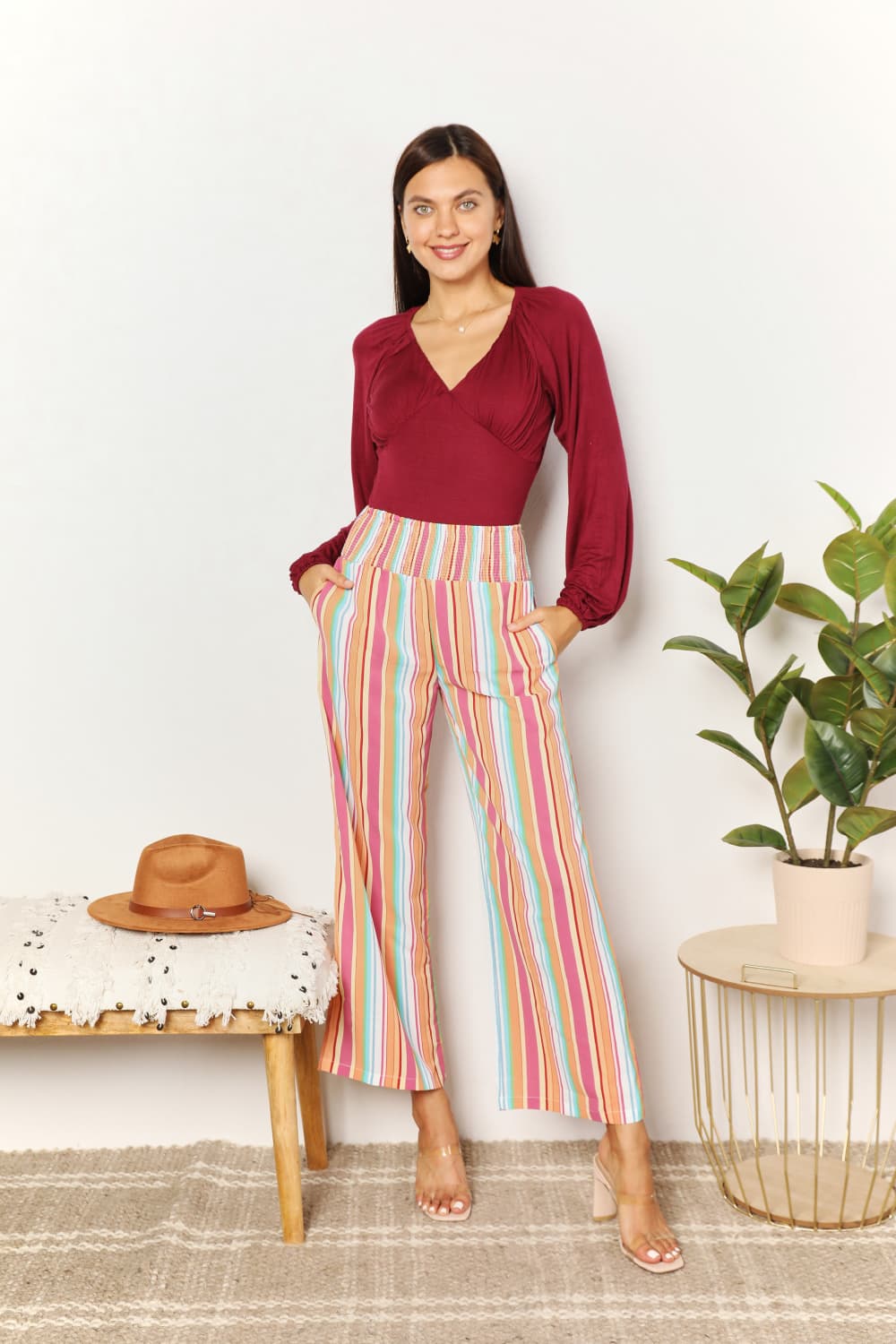 Double Take Keep Smiling Striped Smocked Waist Pants with Pockets