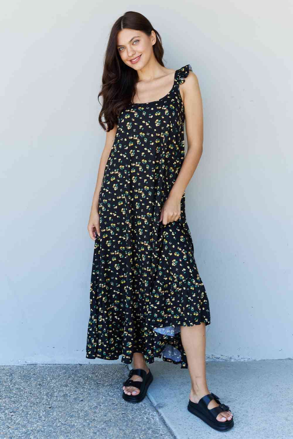 Doublju In The Garden Floral Ruffle Maxi Dress in Black Yellow Floral