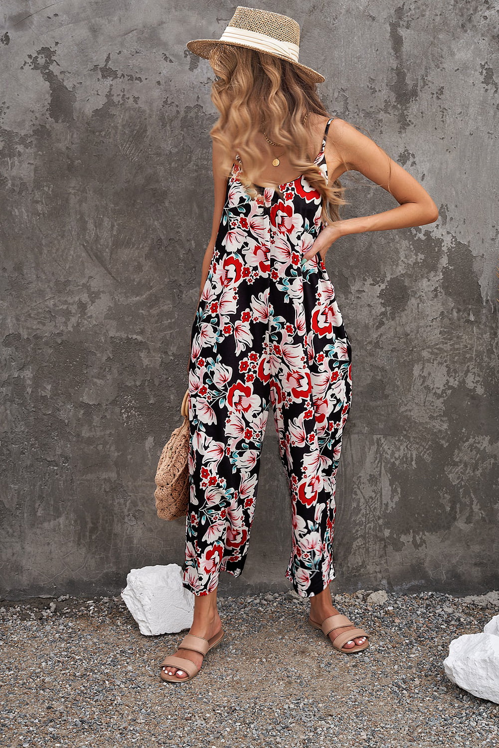 Vacation Mode On Botanical Print Spaghetti Strap Cropped Jumpsuit