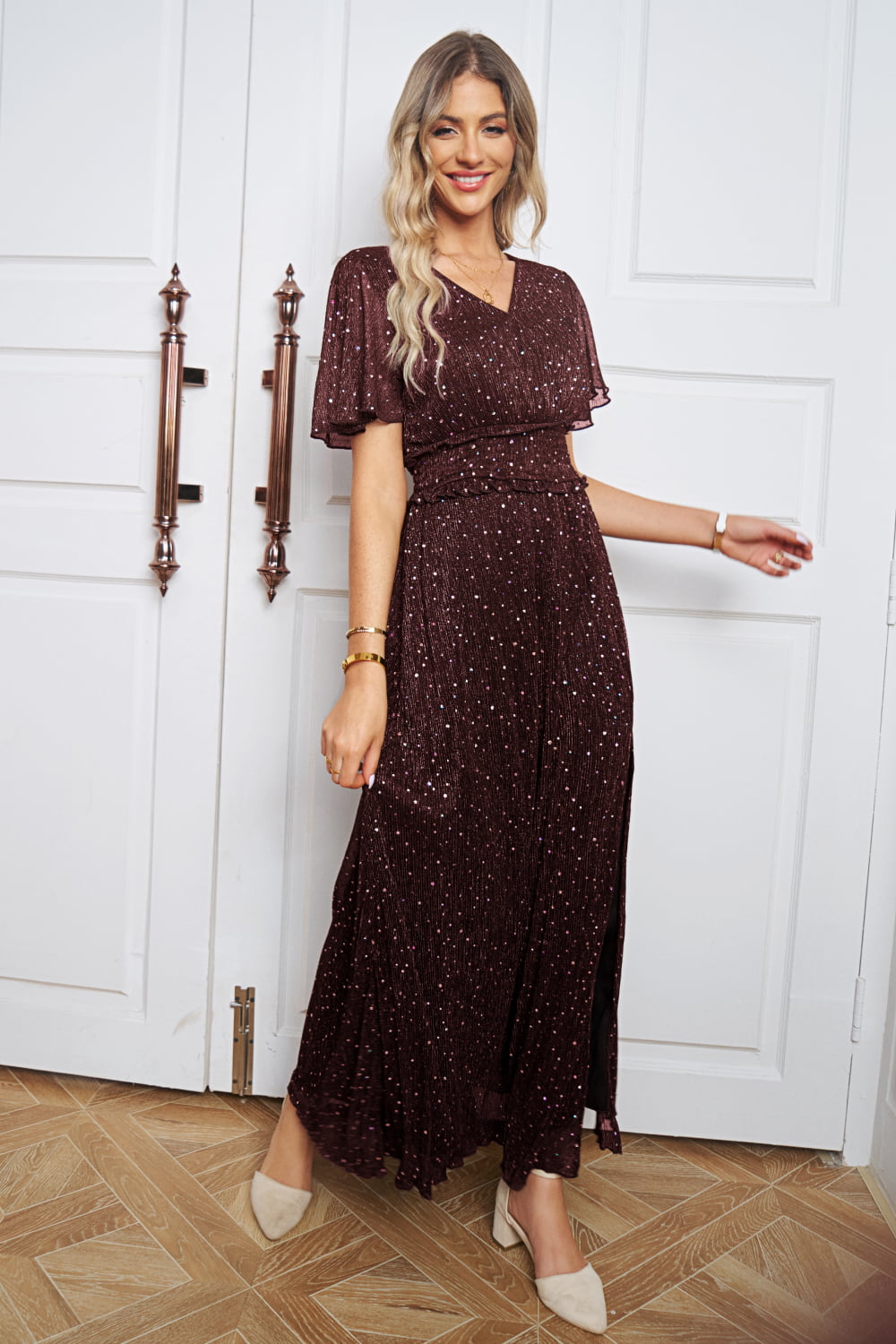 Small Town Glitter V-Neck High Slit Glitter Maxi Dress