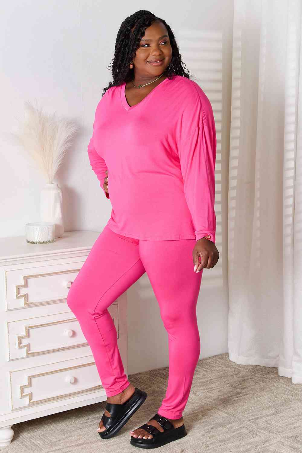 Basic Bae Ready To Unwind V-Neck Soft Rayon Long Sleeve Top and Pants Lounge Set