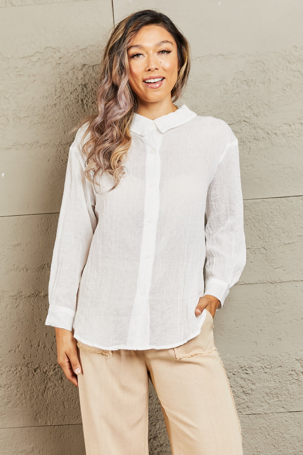 Petal Dew Take Me Out Lightweight Button Down Top in White