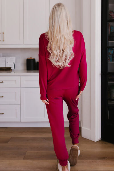 You + Me Round Neck Top and Drawstring Pants Lounge Set