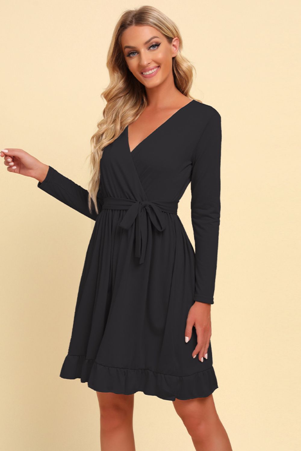 Warm Today, Cold Tomorrow Long Sleeve Tie Waist Ruffle Hem Dress