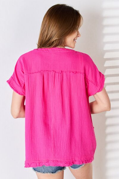 Zenana Too Classy To Be Plain Short Sleeve Raw Hem Top