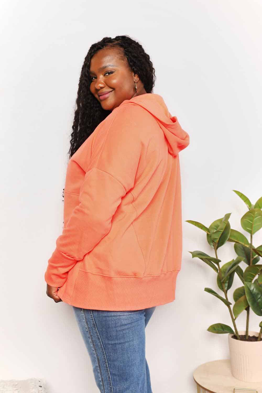 Double Take Tangerine Skies Quarter-Snap Dropped Shoulder Hoodie