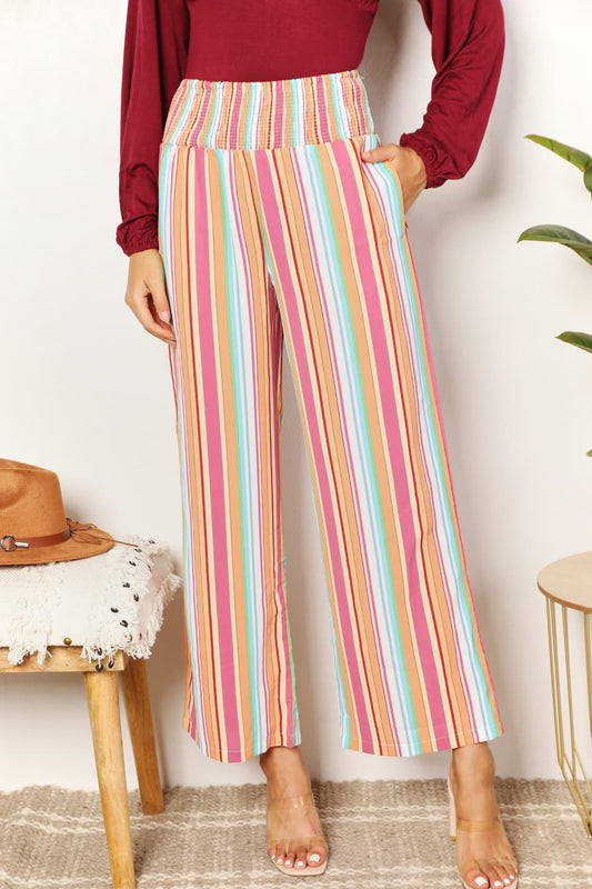 Double Take Keep Smiling Striped Smocked Waist Pants with Pockets