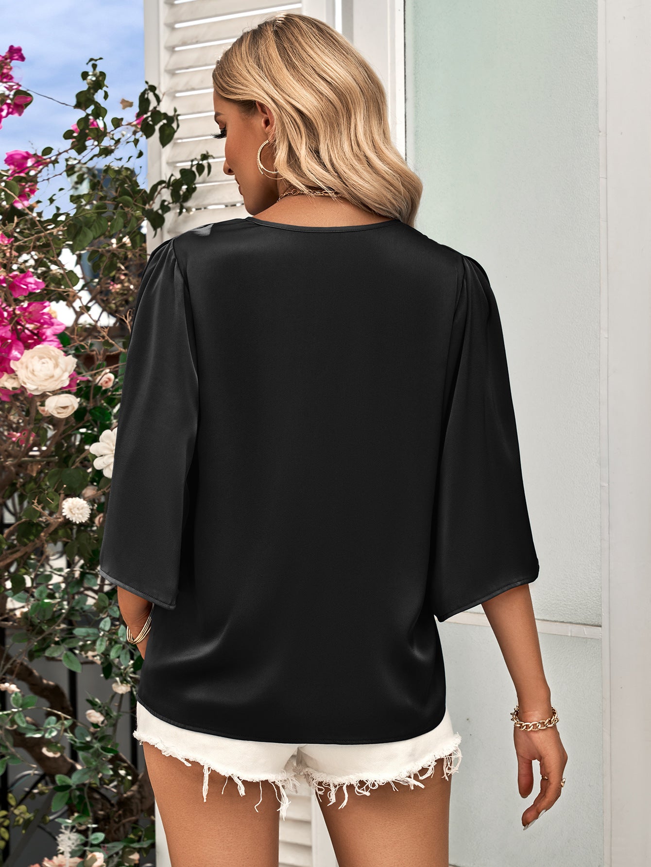 It's An Office Party Three-Quarter Flare Sleeve V-Neck Blouse