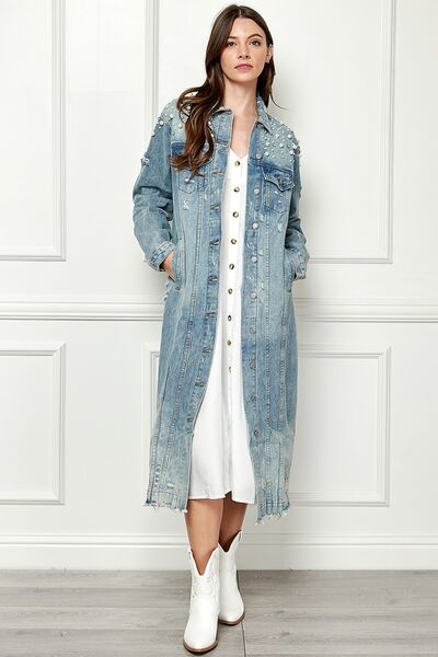 Veveret Pearl Distressed Raw Hem Pearl Detail Button Up Jacket