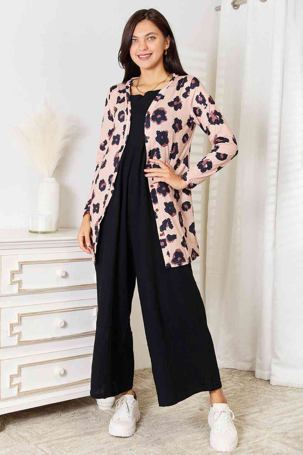 Double Take A Whole Vibe Button Front Longline Cardigan Leopard Print