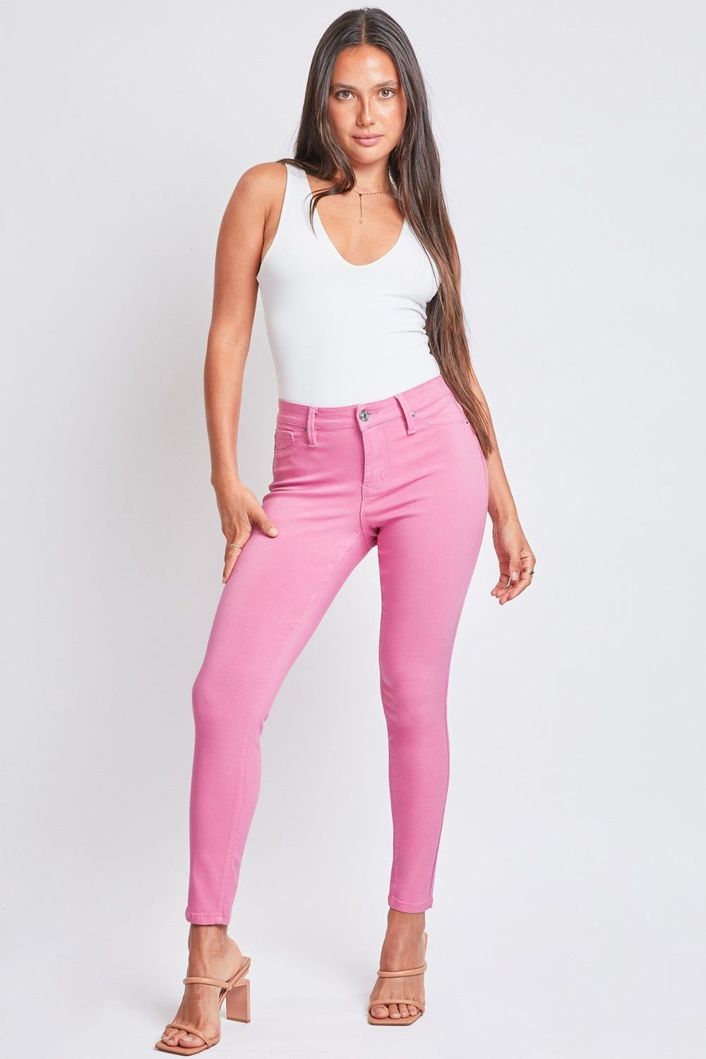 YMI Jeanswear Kate Hyperstretch Mid-Rise Skinny Pants in Flami-Flamingo