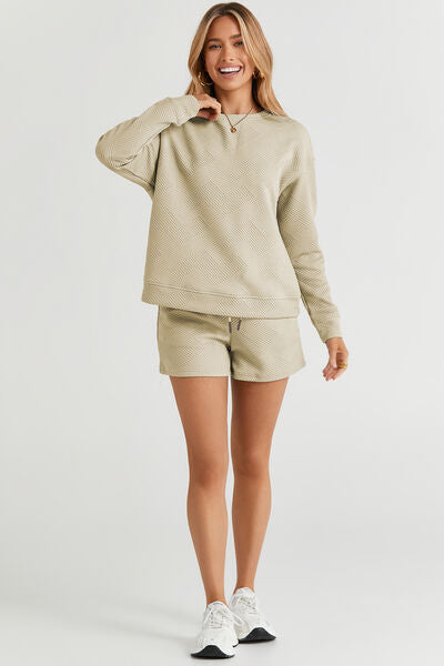 Double Take Self Care And Chill Texture Long Sleeve Top and Drawstring Shorts Set