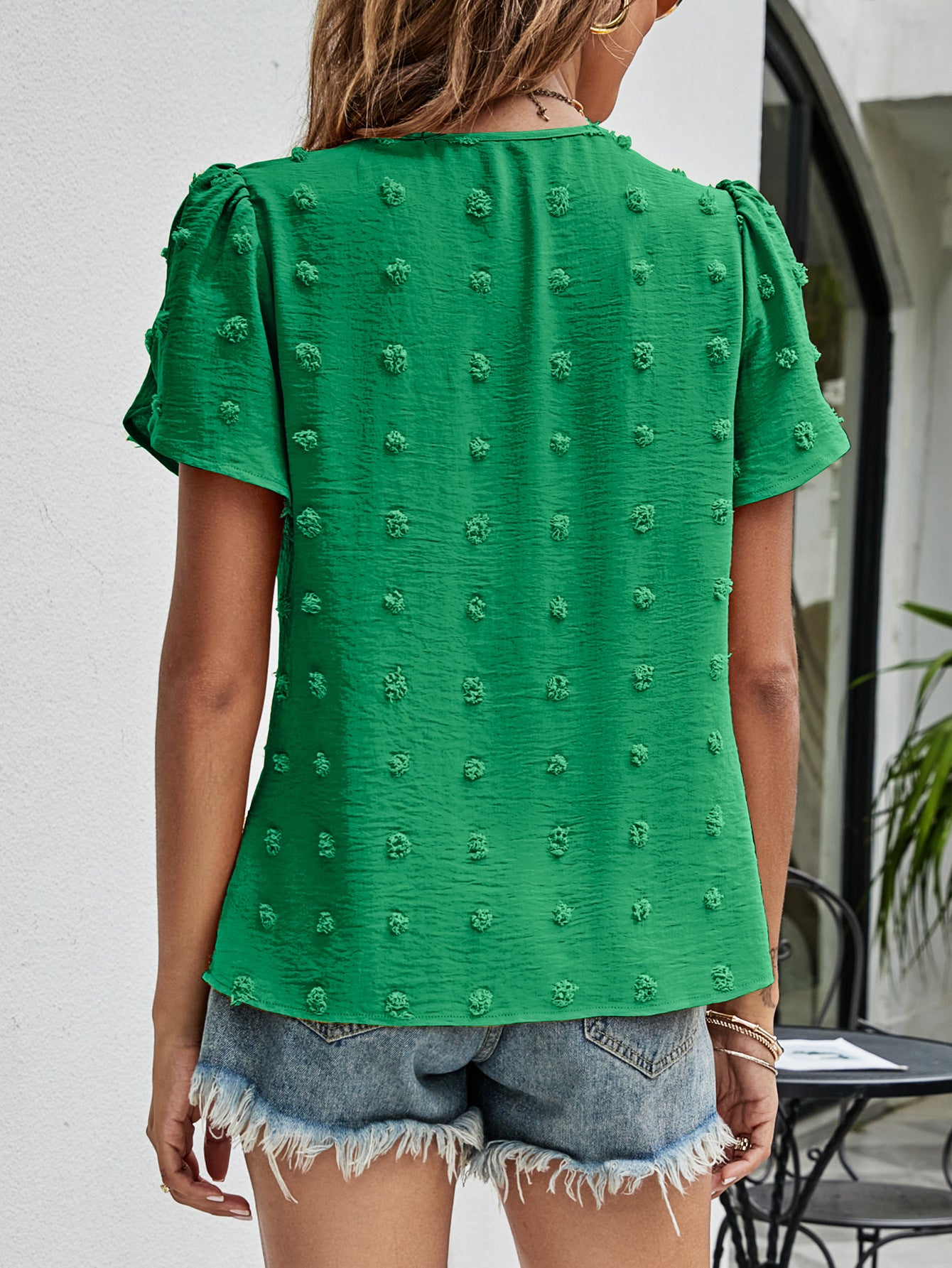 Wildly Bloom Swiss Dot Round Neck Petal Sleeve Top