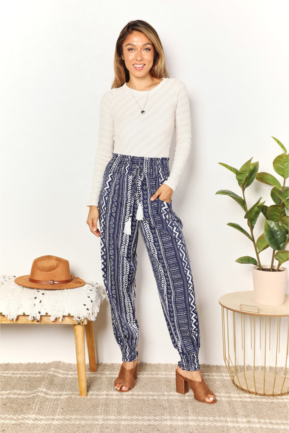 Double Take Dancing Away Geometric Print Tassel High-Rise Pants