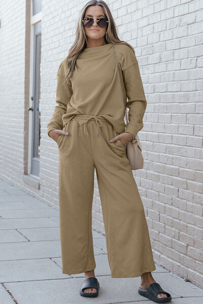 Double Take Let's Slow Down Textured Long Sleeve Top and Drawstring Pants Set