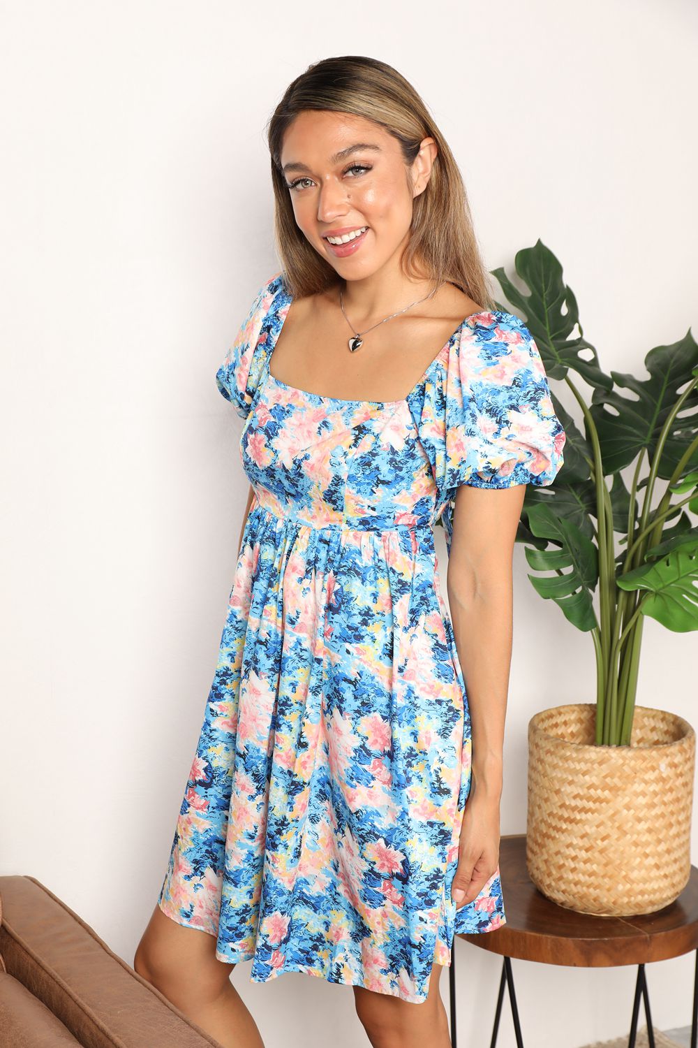 Double Take Let's Laugh Floral Square Neck Puff Sleeve Dress