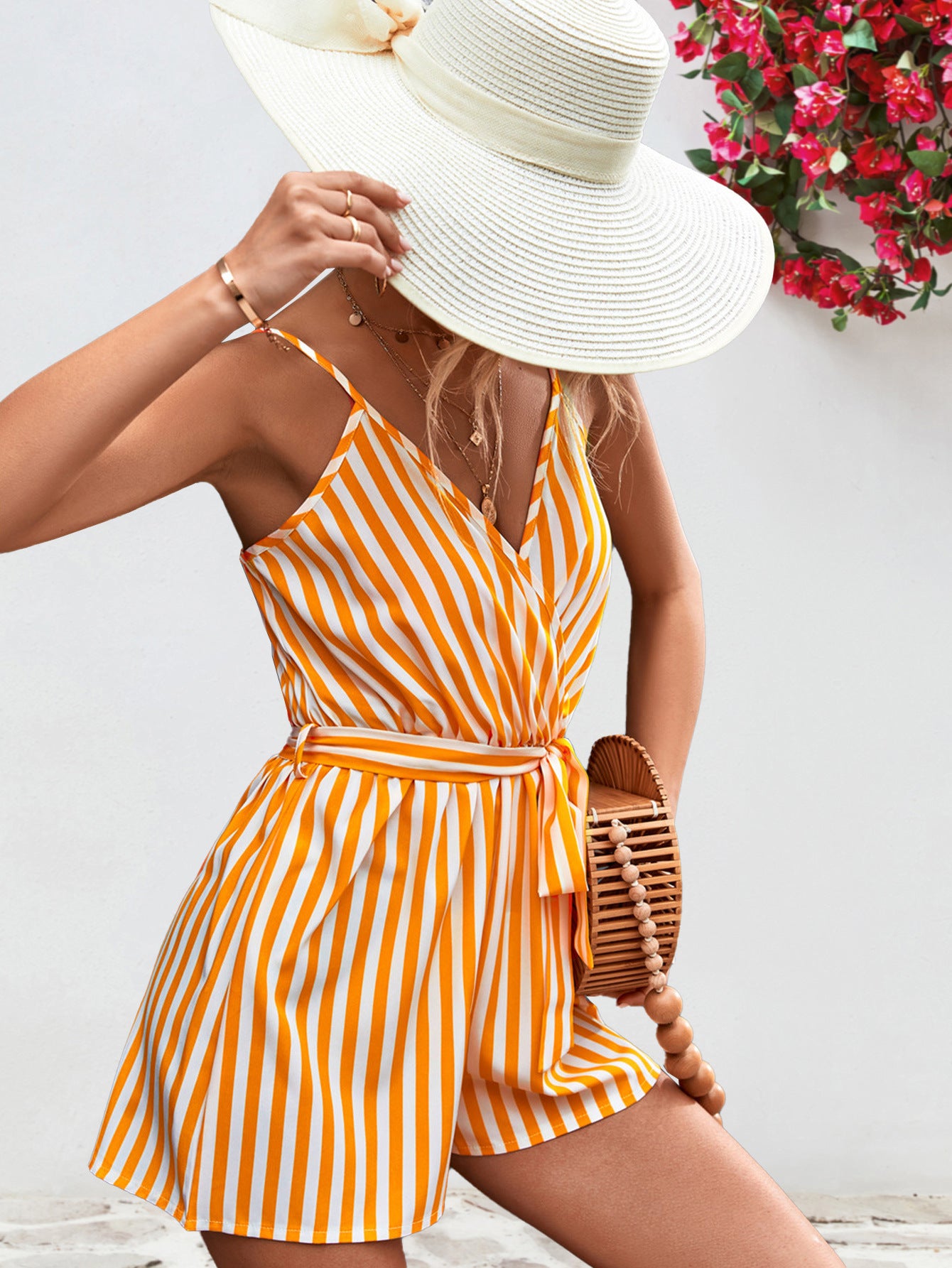 Waves of Color Striped Tie Waist Spaghetti Strap Romper