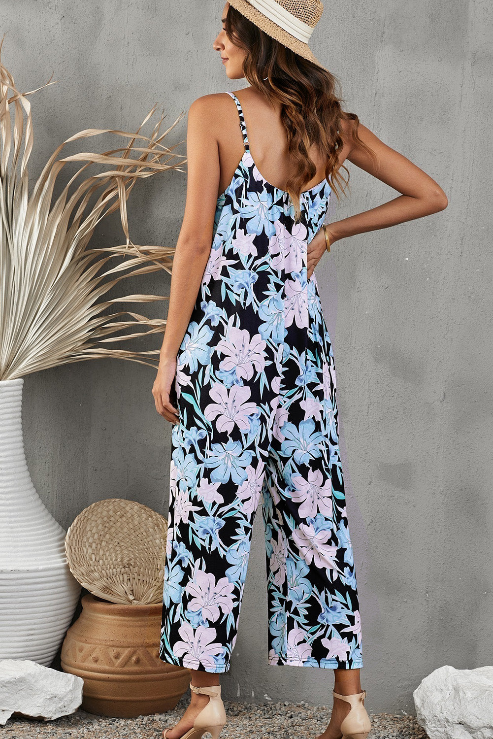 Vacation Mode On Botanical Print Spaghetti Strap Cropped Jumpsuit