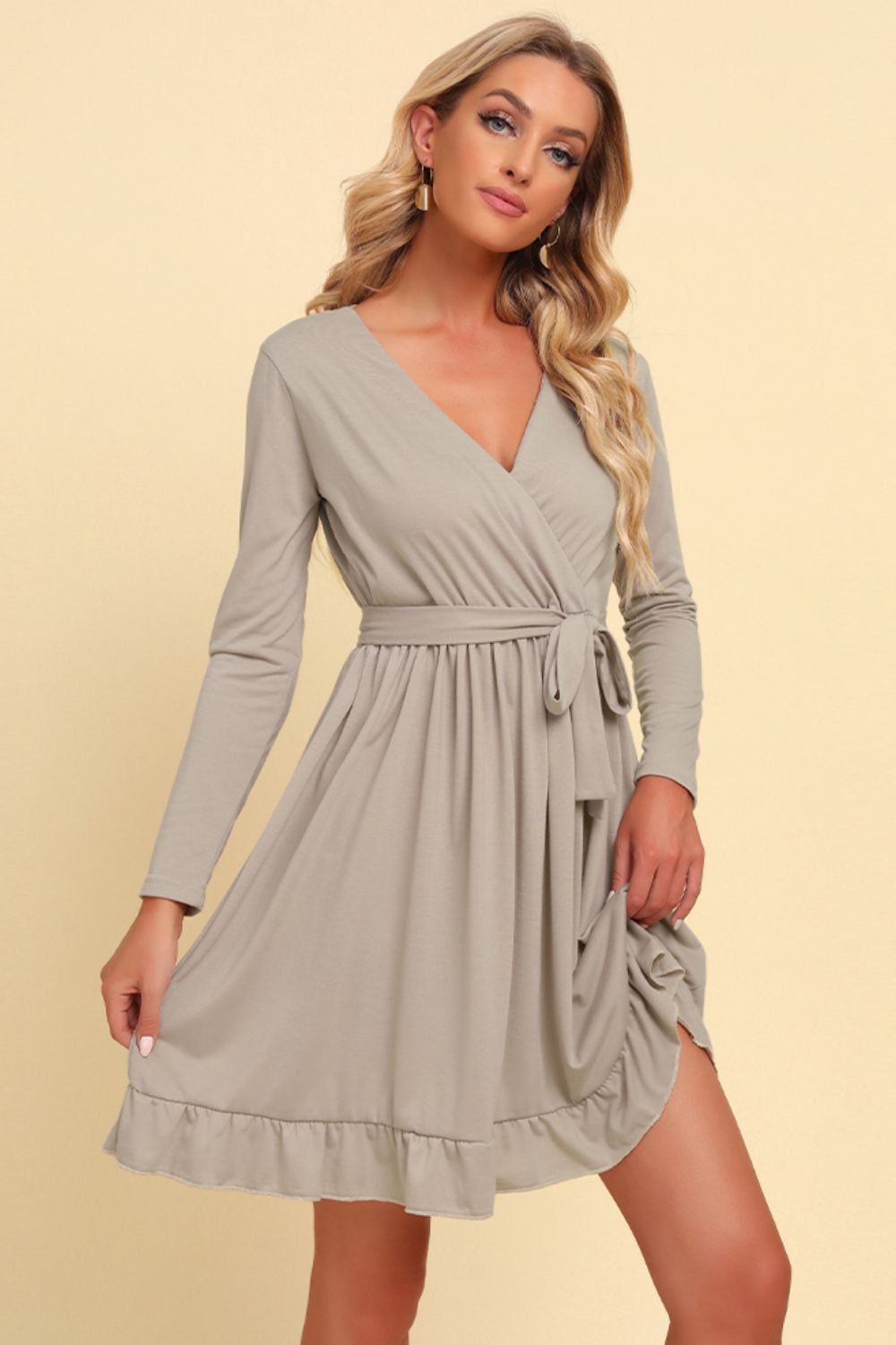 Warm Today, Cold Tomorrow Long Sleeve Tie Waist Ruffle Hem Dress