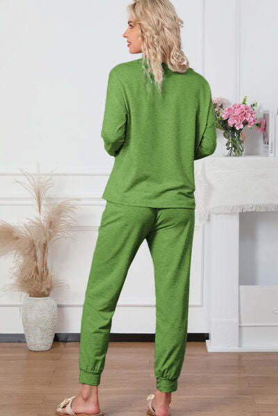 You + Me Round Neck Top and Drawstring Pants Lounge Set