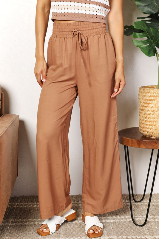 Double Take Going With The Flow Drawstring Smocked Waist Wide Leg Pants