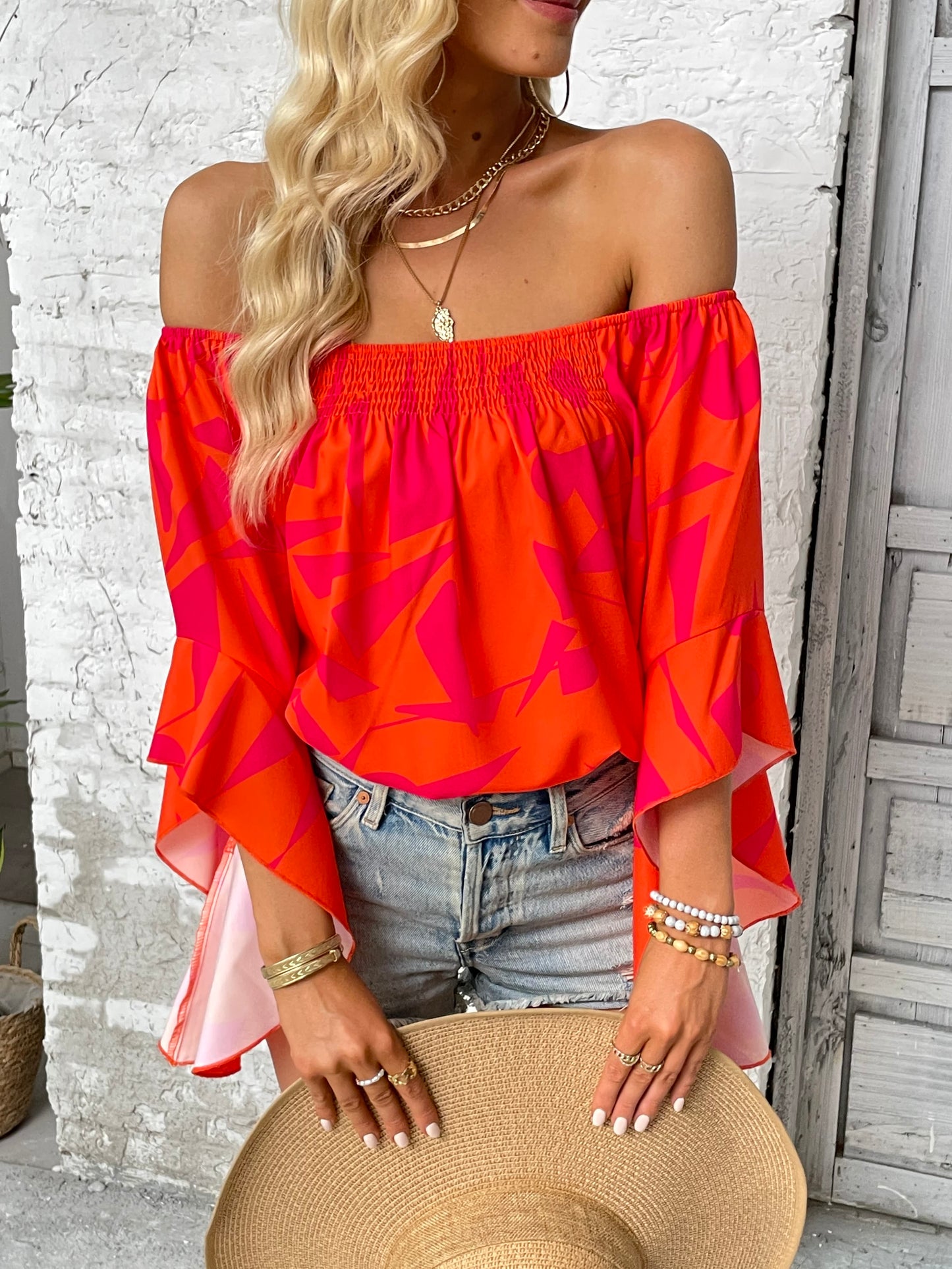 Take Me Dancing Printed Off-Shoulder Bell Sleeve Blouse