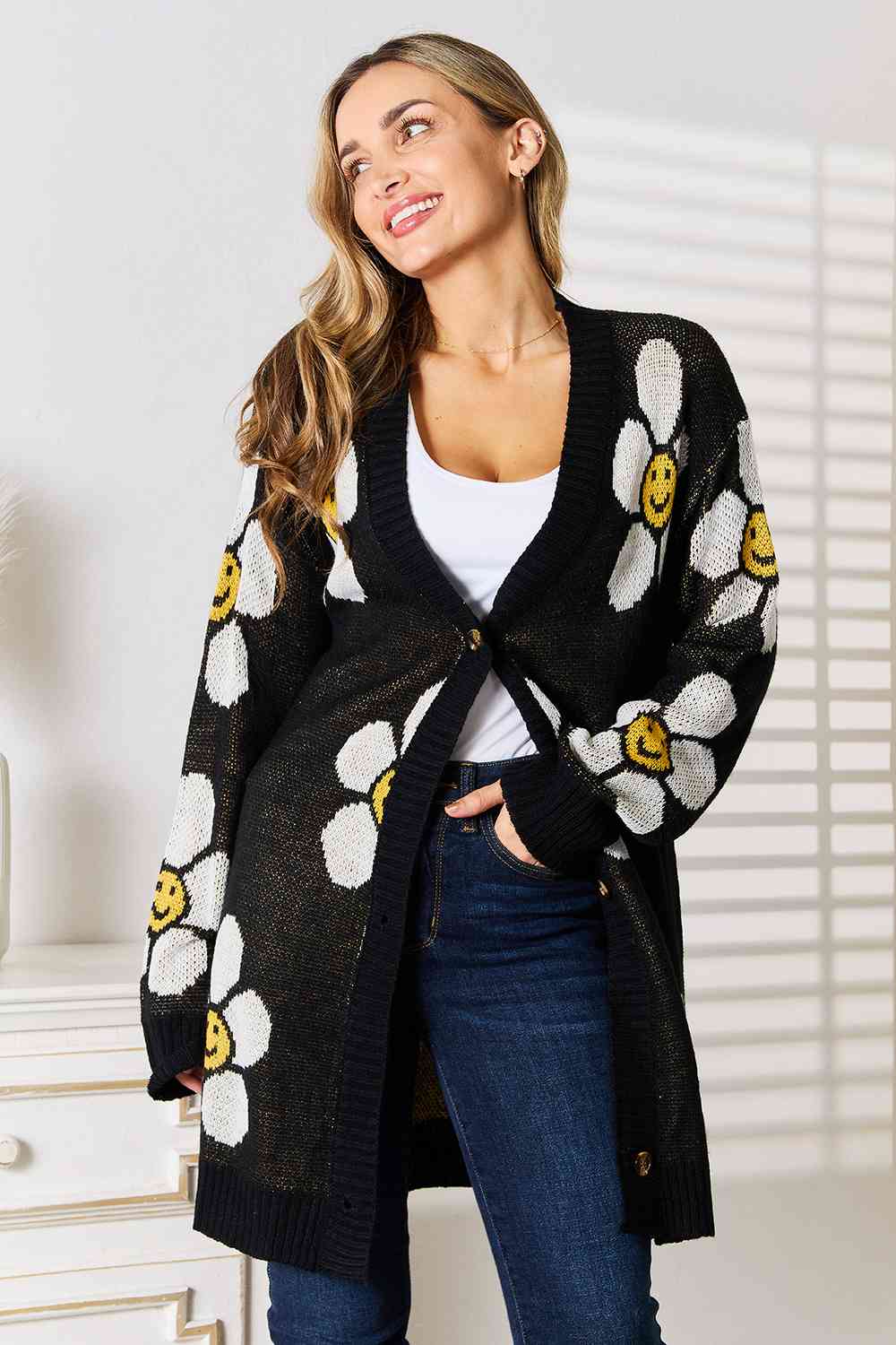 Double Take Sunshine Blossoms Floral Button Down Longline Cardigan