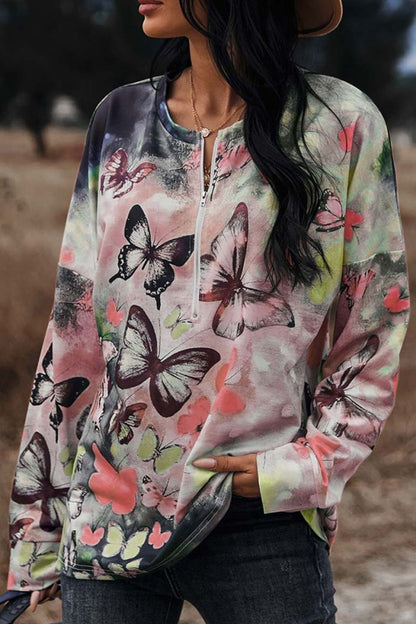 The One With Wings Butterflies Print Round Neck Zipper Front Blouse