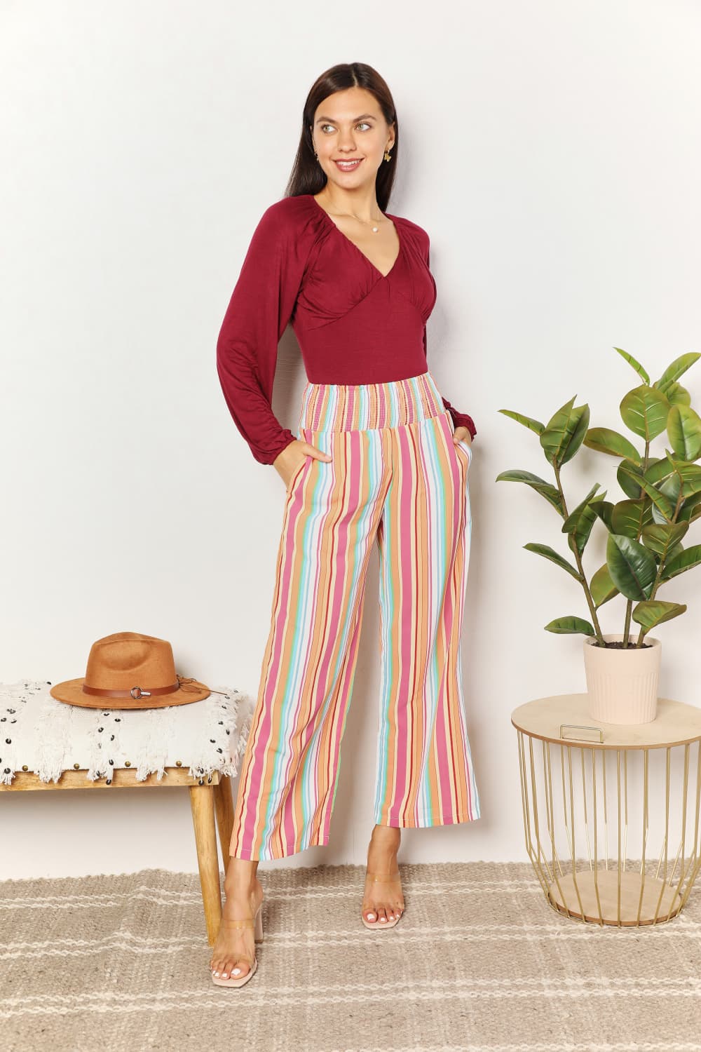 Double Take Keep Smiling Striped Smocked Waist Pants with Pockets