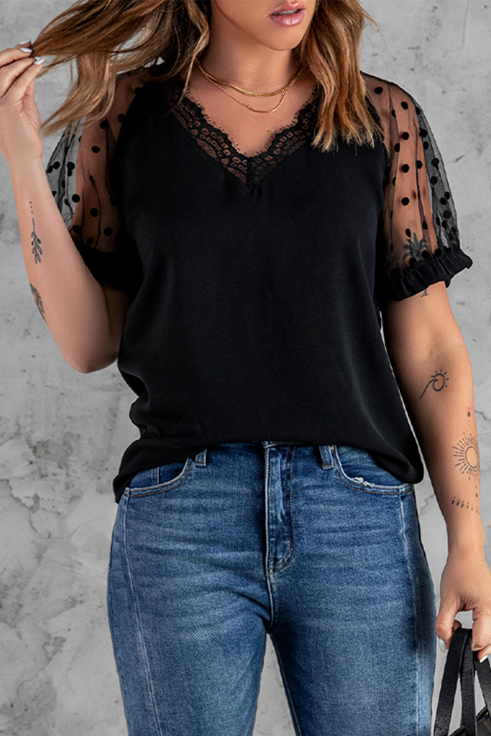 Polka Dot Lace Trim Detail Spliced Mesh Blouse