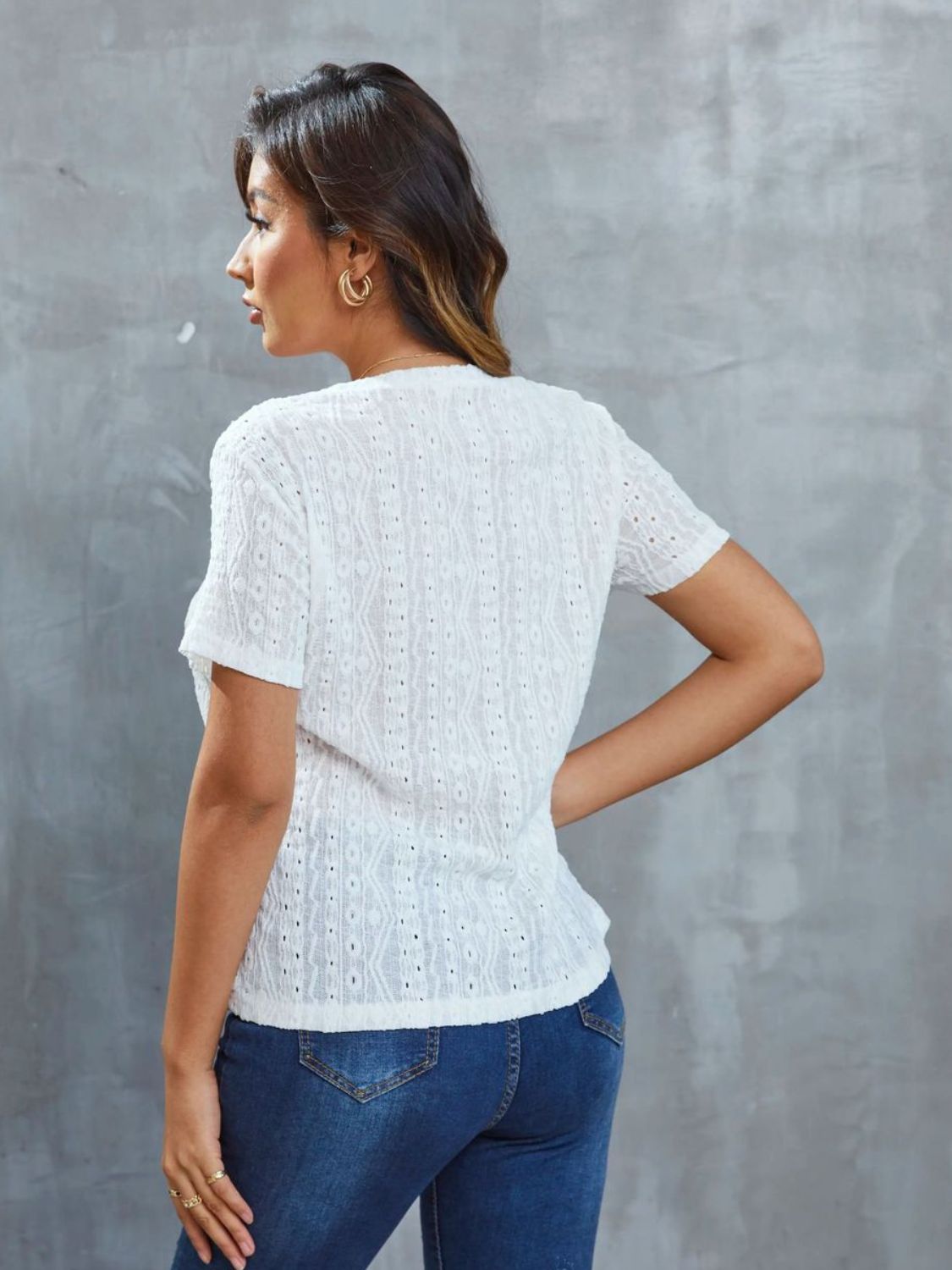 Shining Openwork Short Sleeve Round Neck Top