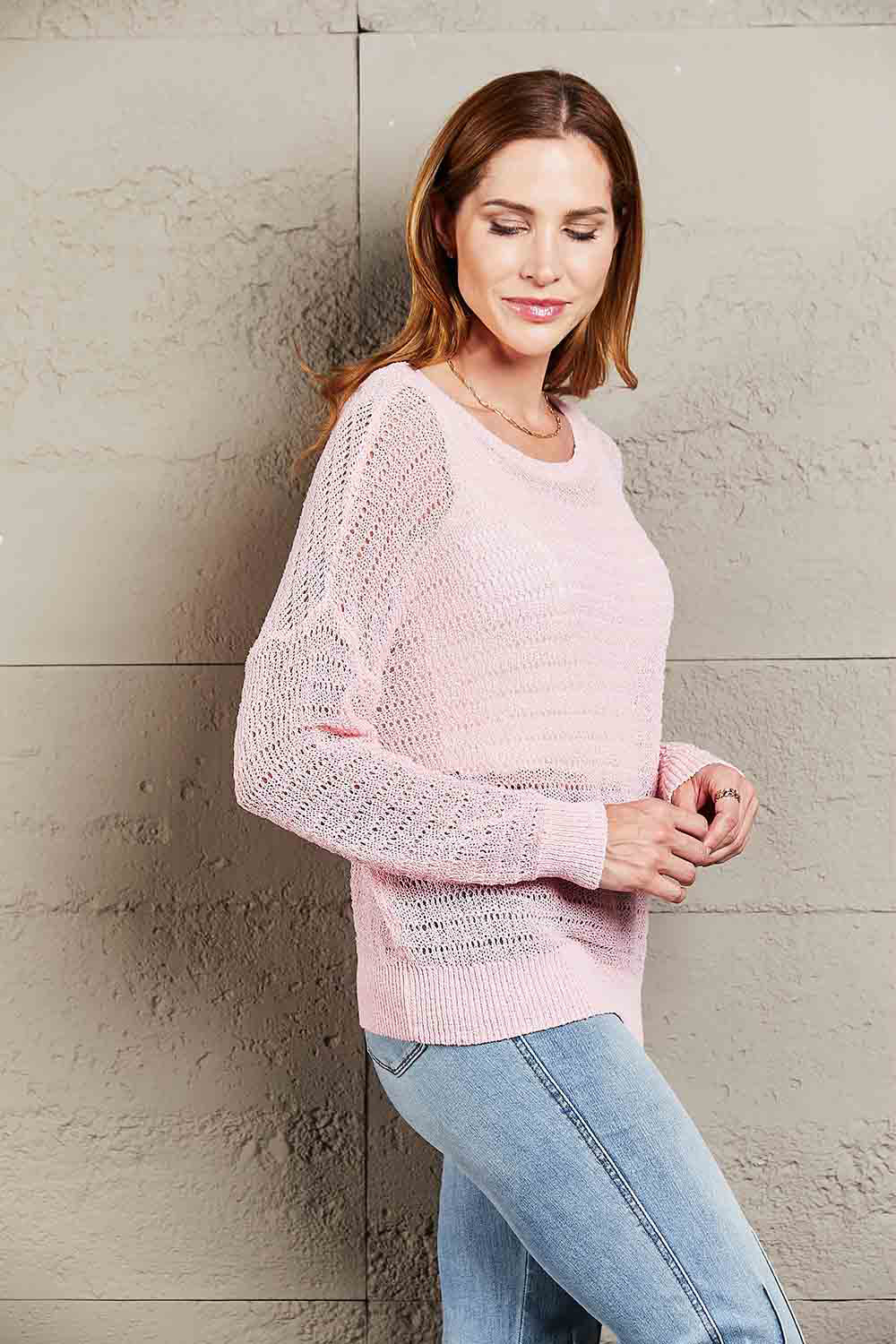 Double Take Blushing At The Shore Openwork Dropped Shoulder Knit Top