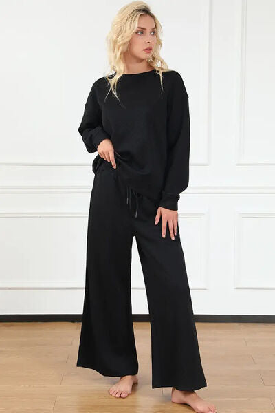 Double Take Let's Slow Down Textured Long Sleeve Top and Drawstring Pants Set