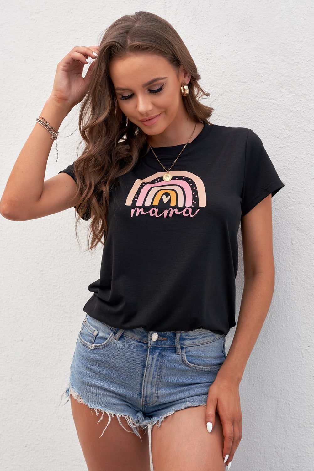 Mama's Over The Rainbow Round Neck Women's Graphic Tee Shirt
