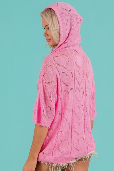 BiBi Pink Lovin' Openwork Heart Hooded Knit Top