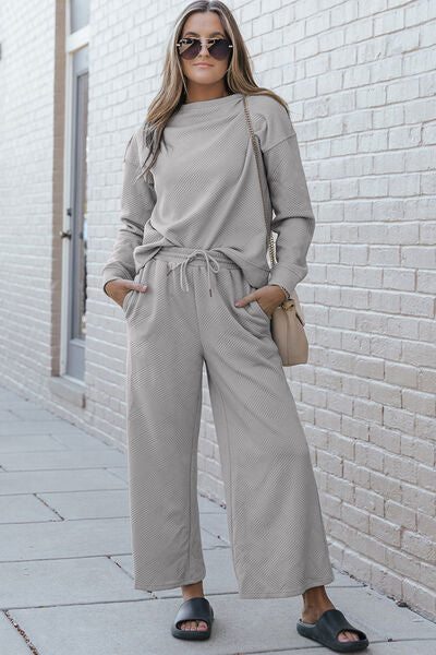 Double Take Let's Slow Down Textured Long Sleeve Top and Drawstring Pants Set