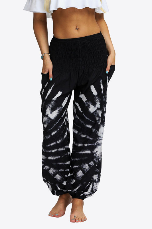 Tie-Dye Smocked Waist Pocket Joggers in Black