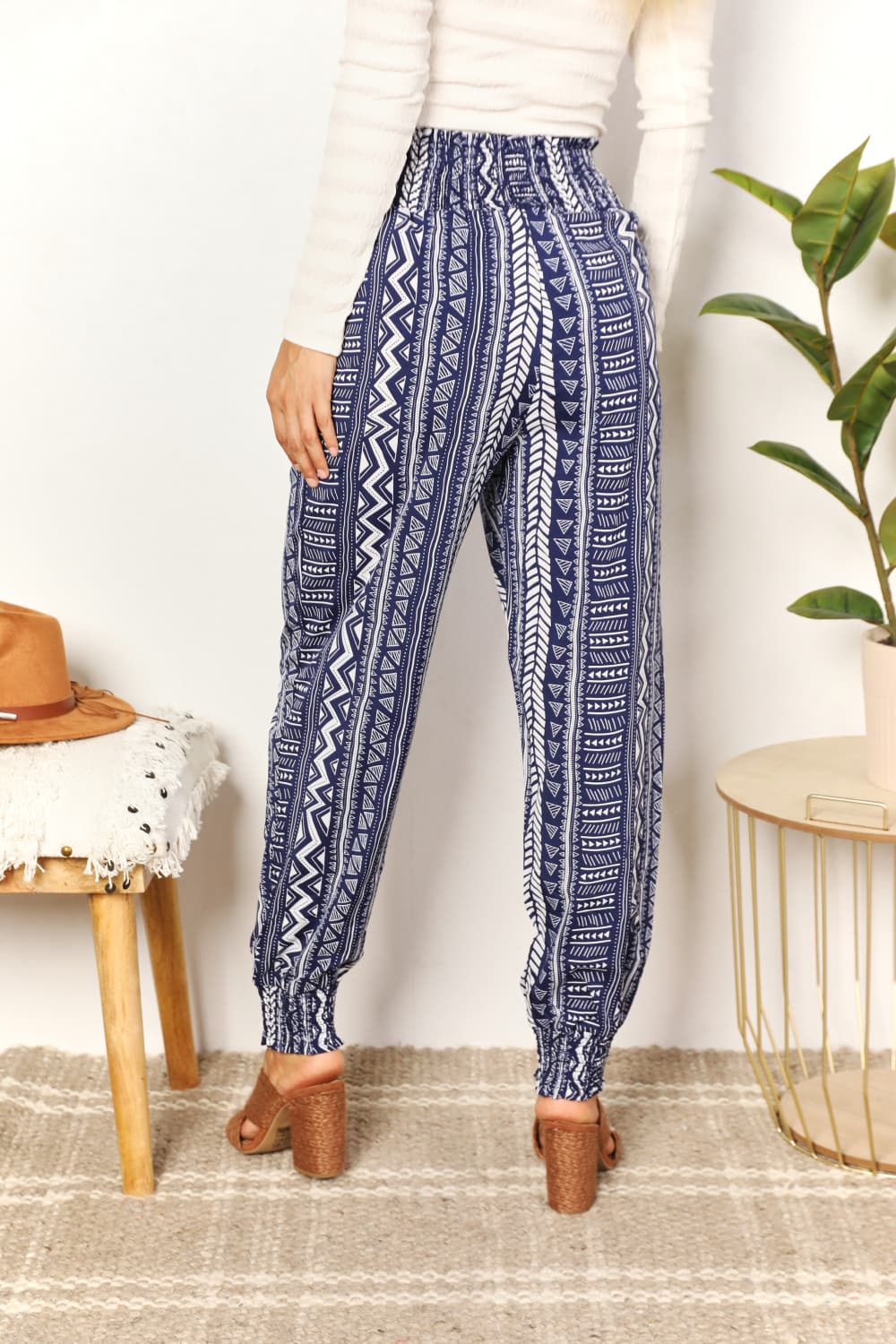 Double Take Dancing Away Geometric Print Tassel High-Rise Pants