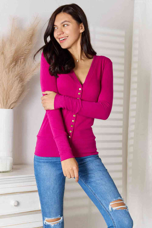 Zenana Magenta Memories V-Neck Long Sleeve Button-Down Cardigan in Magenta