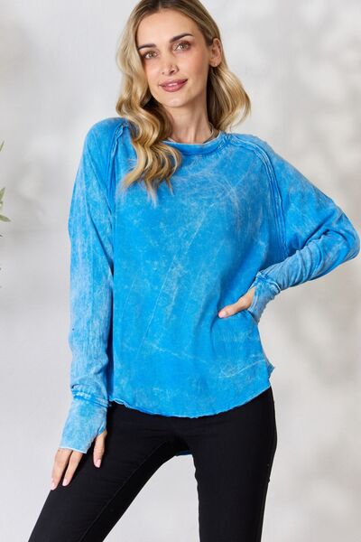 Zenana Smitten Long Sleeve Top with Thumbhole Sleeves in Ocean Blue