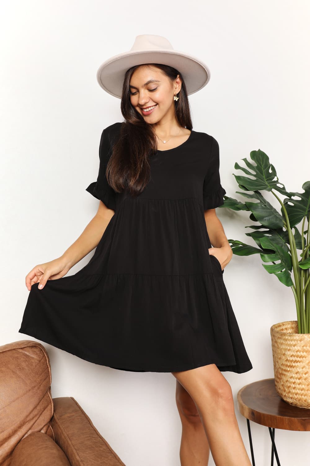 Double Take Love Language V-Neck Flounce Sleeve Tiered Dress