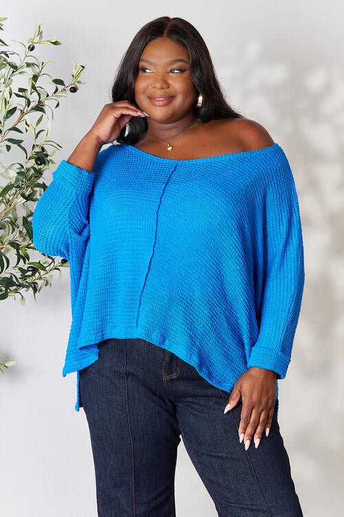 Zenana Turn The Heat Up High-Low Slit Knit Top in Ocean Blue