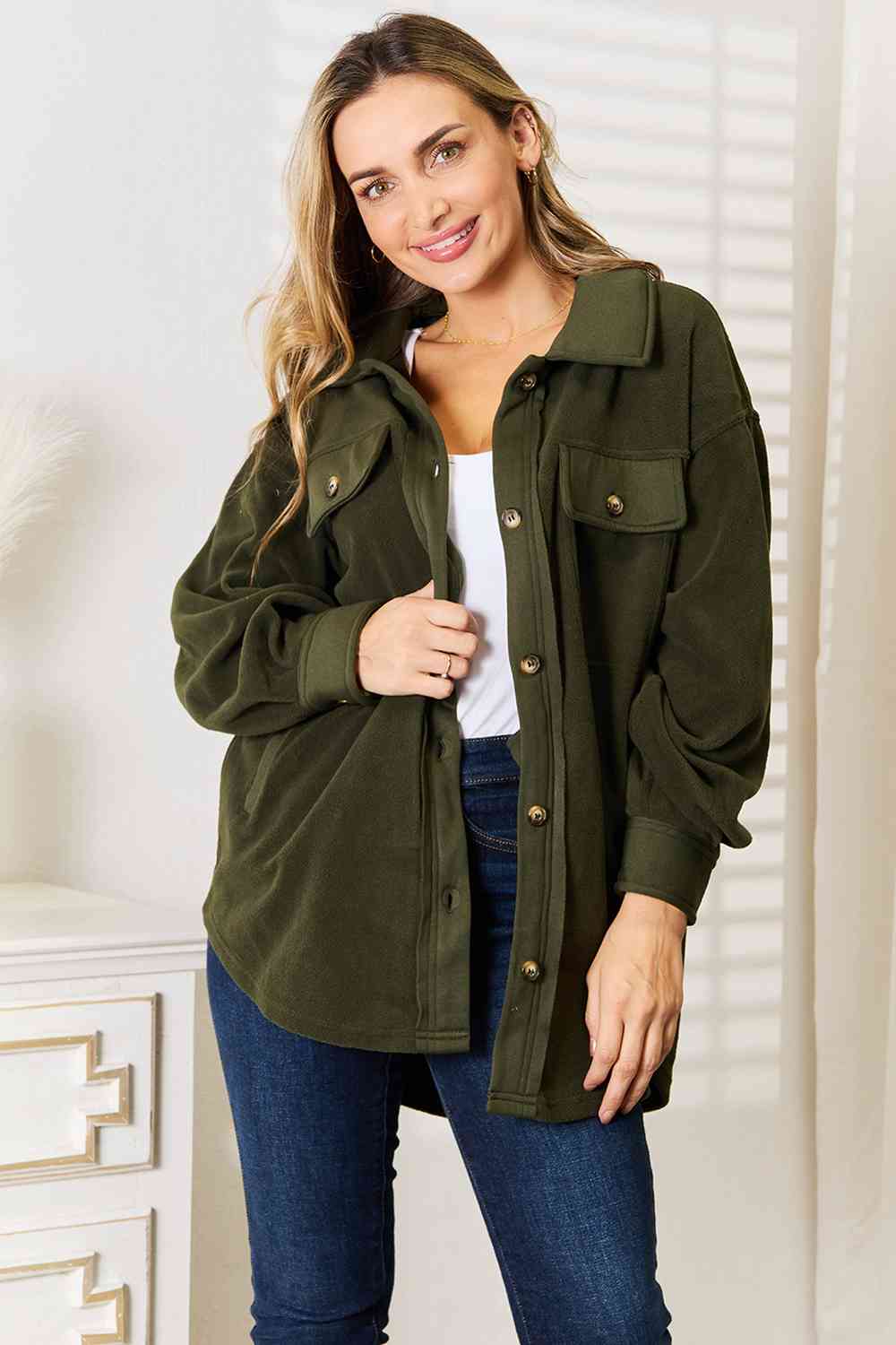 Heimish Cozy Girl Button Down Shacket in Army Green