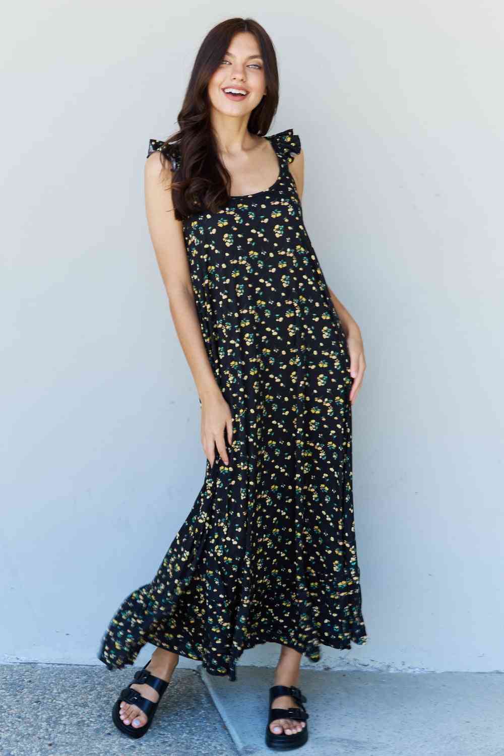 Doublju In The Garden Floral Ruffle Maxi Dress in Black Yellow Floral