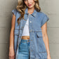 The Freakin' Weekend Collared Neck Sleeveless Denim Top with Pockets