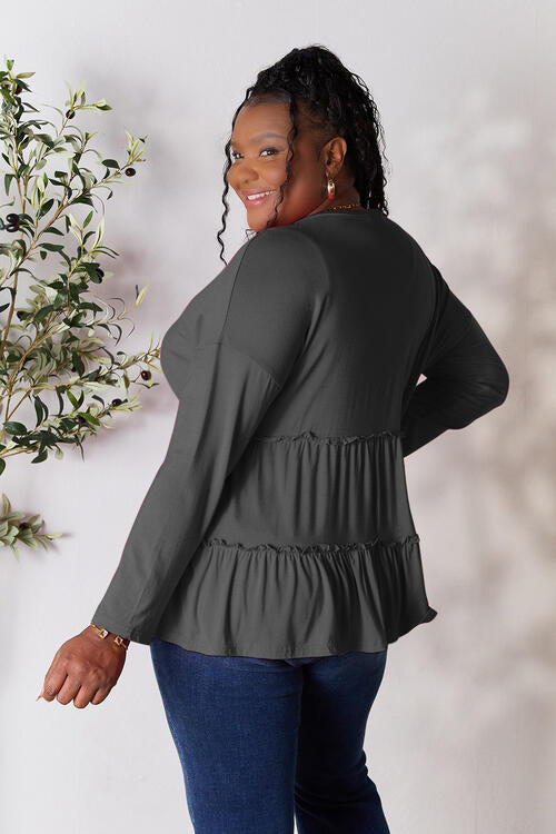 Double Take Cute and Powerful Half Button Long Sleeve Ruffle Hem Blouse